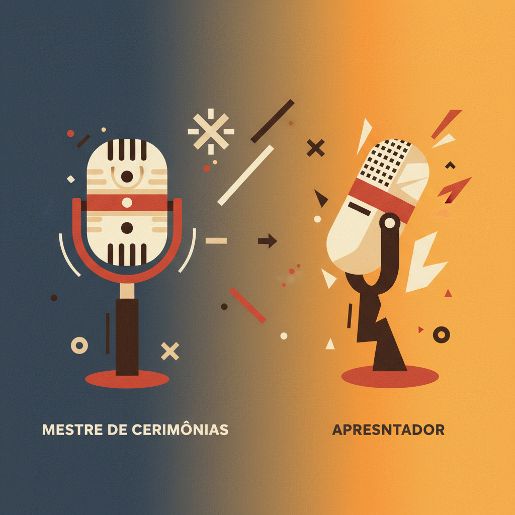 Um fundo gradiente do formal ao vibrante, com dois ícones de microfones distintos, um clássico e outro moderno, indicando a escolha do termo ideal para cada evento.