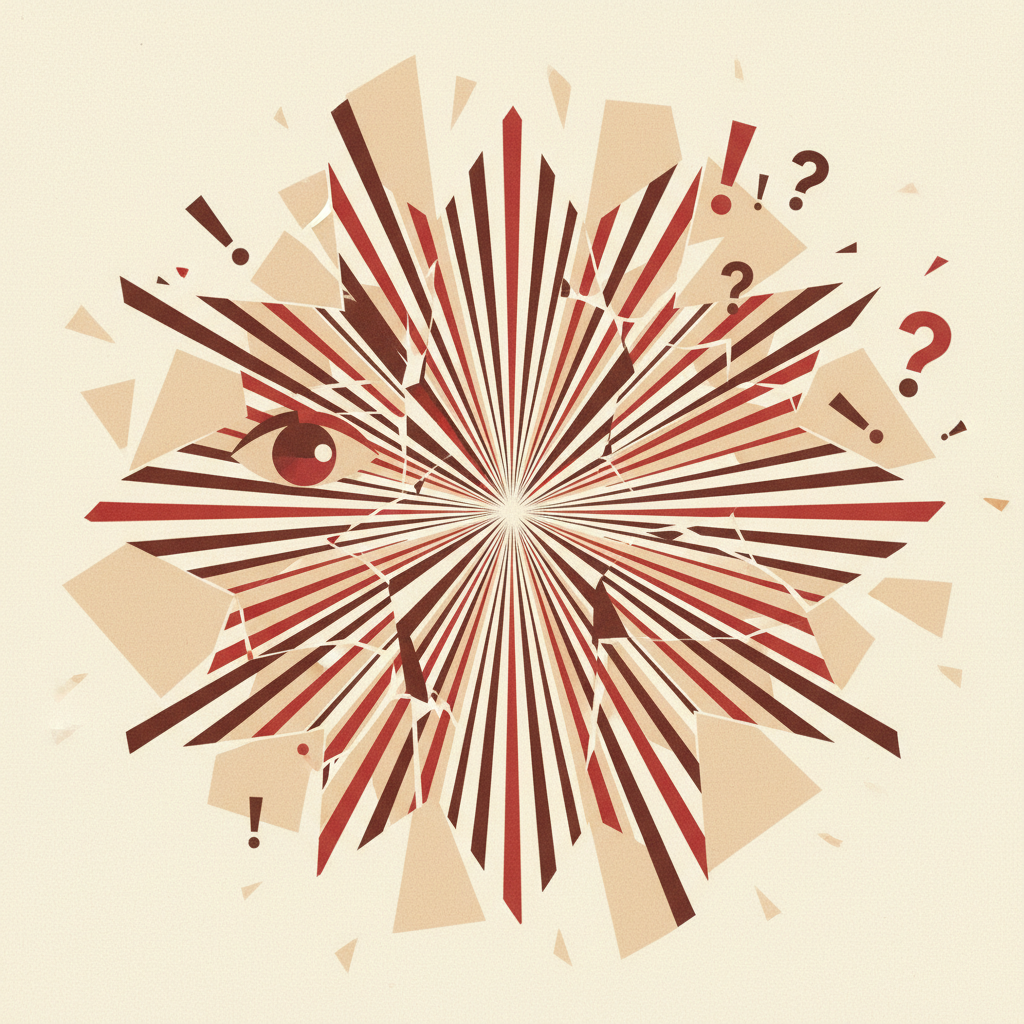 Ilustração abstrata de um ponto central emitindo uma energia brilhante que quebra uma barreira frágil, com símbolos de questionamento e curiosidade emergindo.