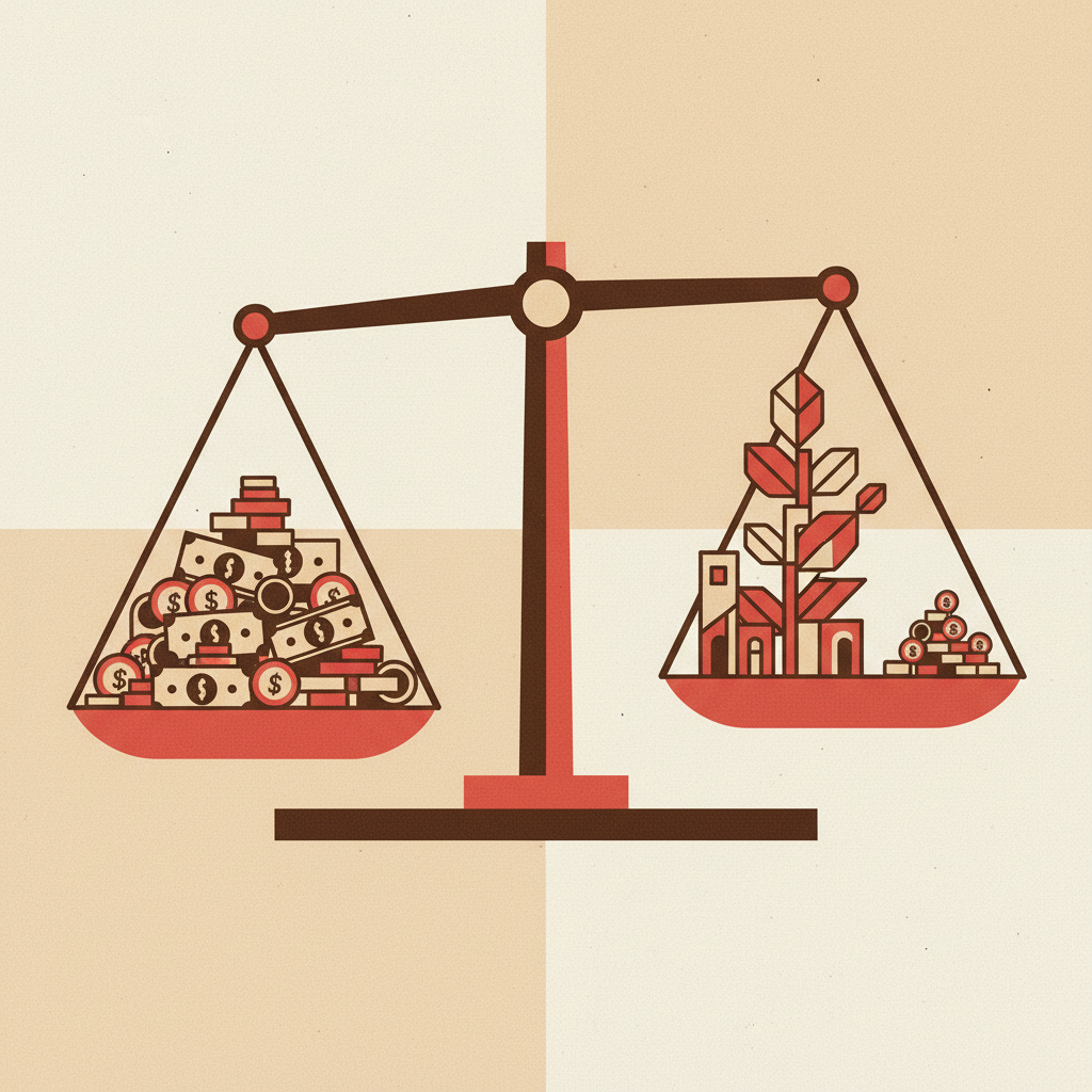 Duas balanças: uma com custos pesando mais que o valor entregue, e outra com a entrega equilibrando os custos, simbolizando a força da justificação pelo valor.