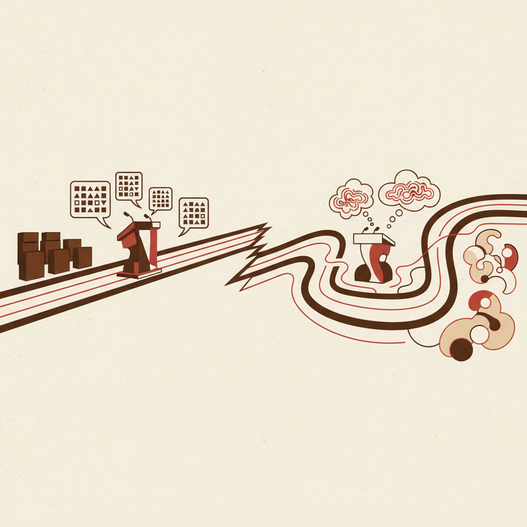 Uma metáfora visual de dois caminhos. Um lado mostra um trajeto linear com fala predefinida, e o outro, um caminho sinuoso e fluido, onde a fala se conecta de forma orgânica e interativa com formas de público, simbolizando adaptabilidade e engajamento.