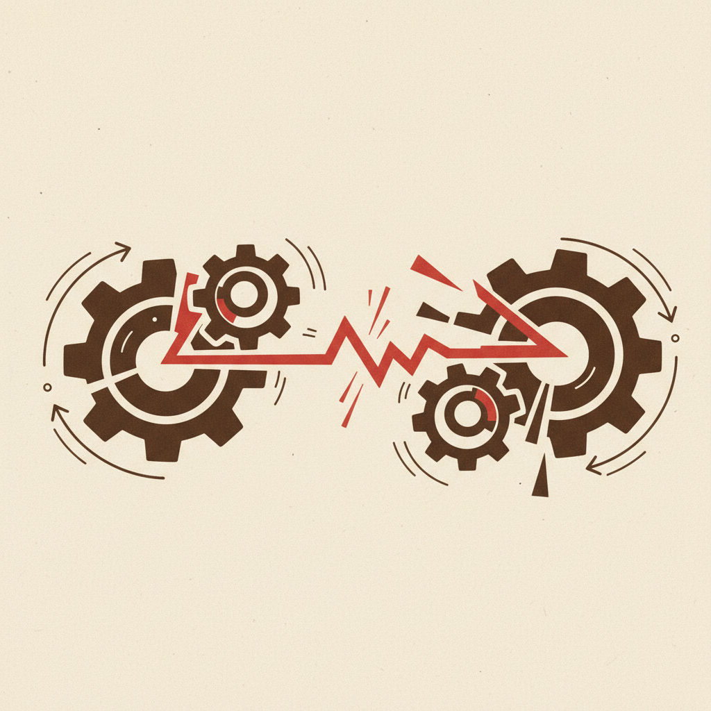 Duas engrenagens abstratas entrelaçadas, uma girando suavemente e a outra emperrada, representando a diferença entre preparo e despreparo.