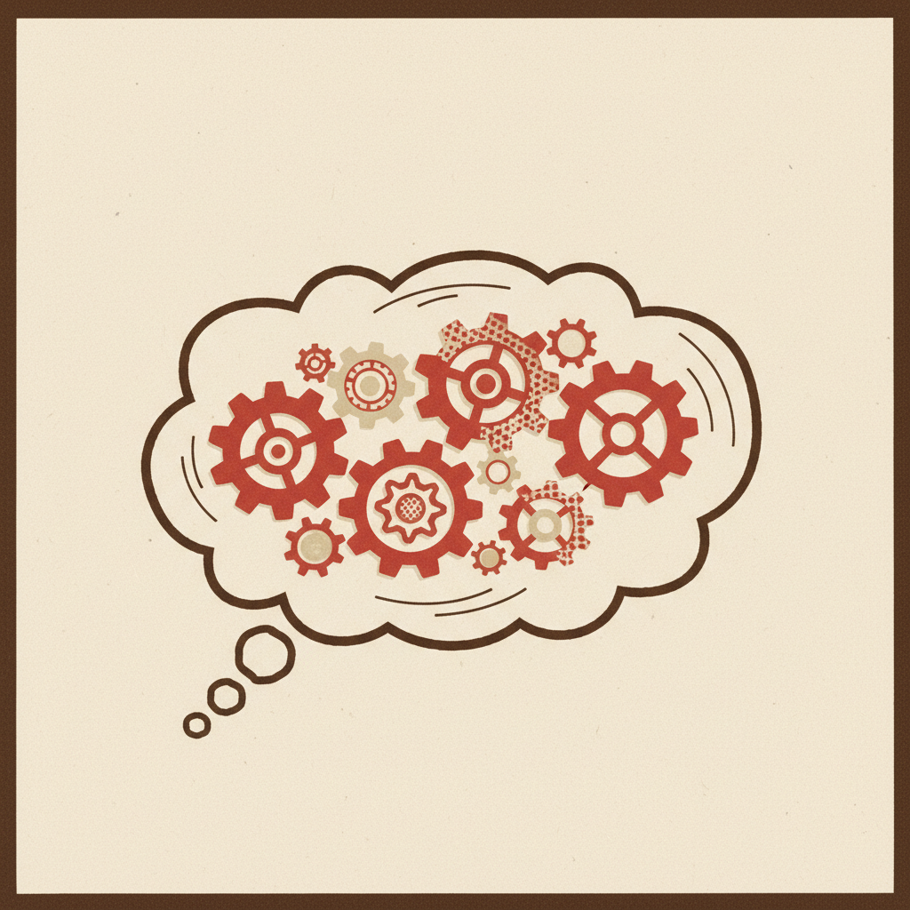 Uma grande bolha de pensamento isolada com engrenagens abstratas girando lentamente, simbolizando o processamento mental no silêncio após a apresentação do preço.